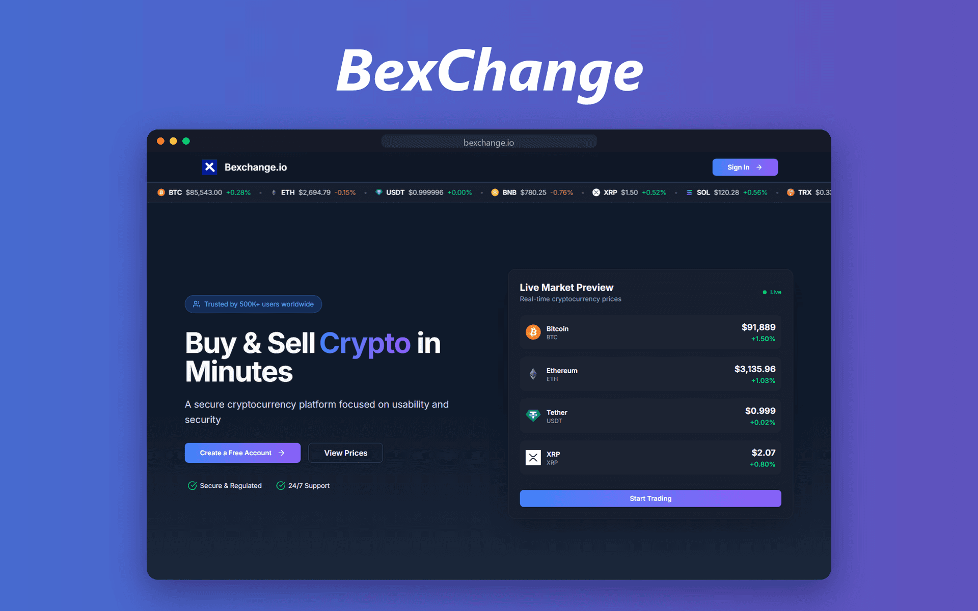 BexChange cryptocurrency exchange platform homepage with live market preview